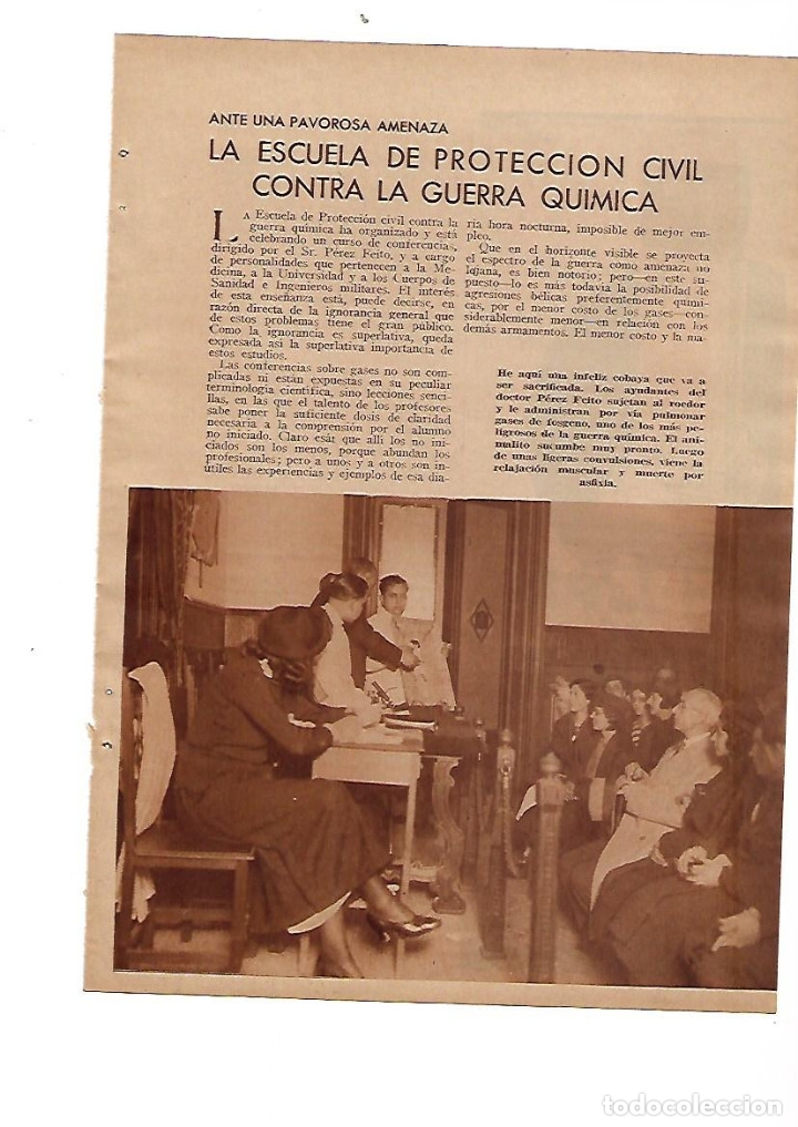 Colecionismo: A&Ntilde;O 1934 RECORTE PRENSA ESCUELA DE PROTECCION CIVIL CONTRA LA GUERRA QUIMICA DOCTOR PEREZ FEITO