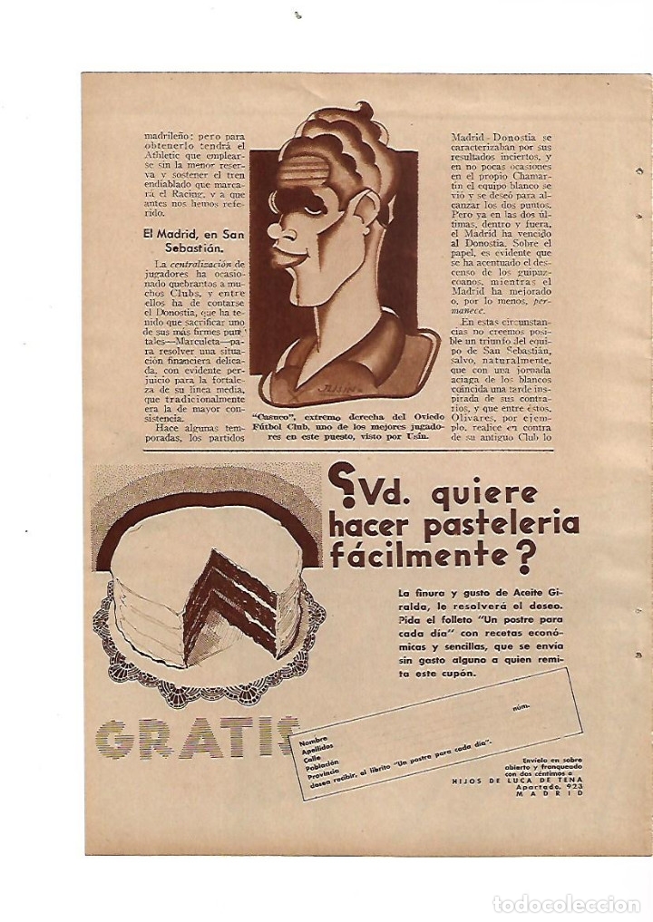 Collectionnisme: A&Ntilde;O 1934 RECORTE PRENSA DIBUJO CARICATURA USIN DEL JUGADOR CASUCO EXTREMO DEL OVIEDO FUTBOL CLUB