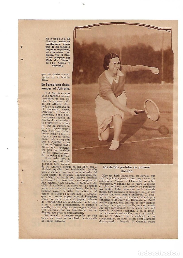 Collecting paper: A&Ntilde;O 1934 RECORTE PRENSA DEPORTES TENIS FEMENINO SE&Ntilde;ORITA CHAVARRI CAMPEONA DEL CLUB DE CAMPO