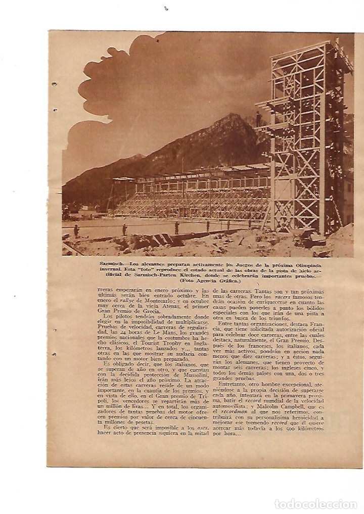 Collecting paper: A&Ntilde;O 1934 RECORTE PRENSA DEPORTES ALEMANIA SARMISCH OBRAS PISTA ATLETISMO JUGOS OLIMPICOS OLIMPIADAS