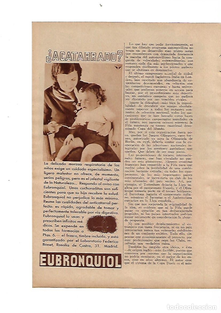 Collecting paper: A&Ntilde;O 1934 RECORTE PRENSA PUBLICIDAD EUBRONQUIOL CATARRO PRODUCTOS FARMACEUTICOS
