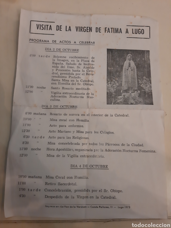 Colecionismo: 1973 visita F&aacute;tima a Lugo Voz de la Verdad imprenta