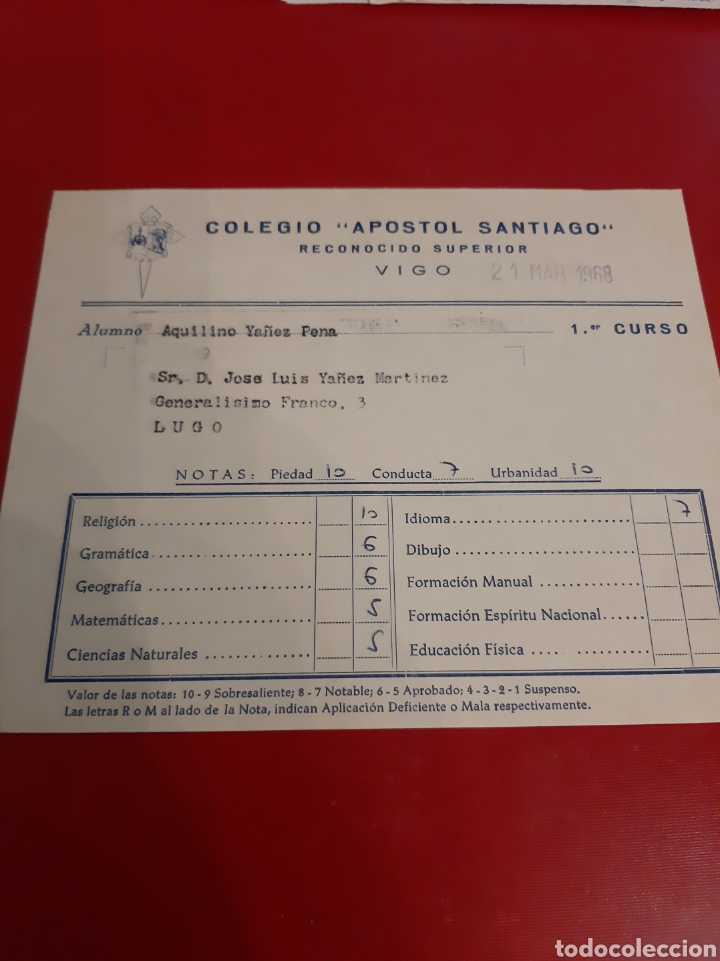 Collectionnisme: Cartilla notas colegio Apostol Santiago Vigo
