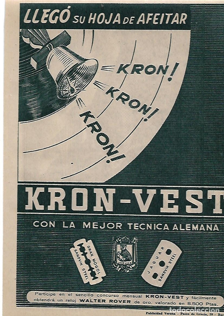 Colecionismo: A&Ntilde;O 1955 RECORTE PRENSA PUBLICIDAD HOJA DE AFEITAR KRON VEST AFEITADO