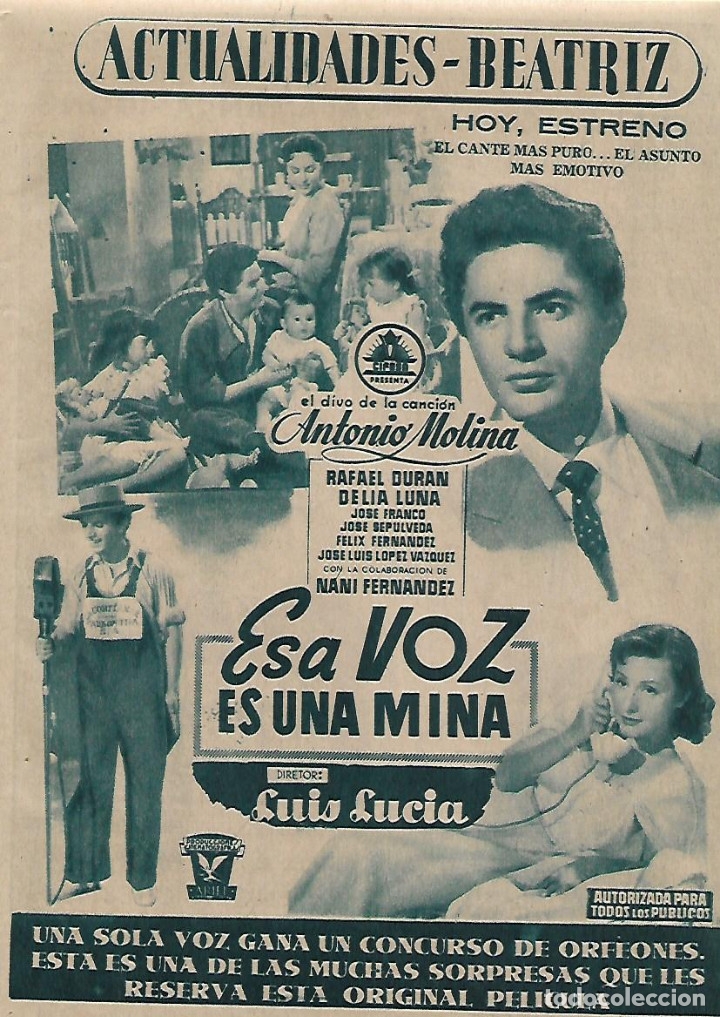 Coleccionismo: A&Ntilde;O 1956 RECORTE PRENSA PUBLICIDAD CINE ESPA&Ntilde;OL ESA VOZ ES UNA MINA ANTONIO MOLINA LUIS LUCIA