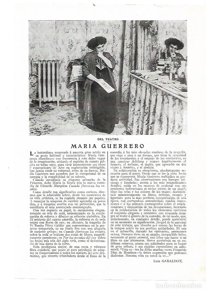 Colecionismo: A&Ntilde;O 1913 RECORTE PRENSA MARIA GUERRERO ACTRIZ ARTISTA TEATRO