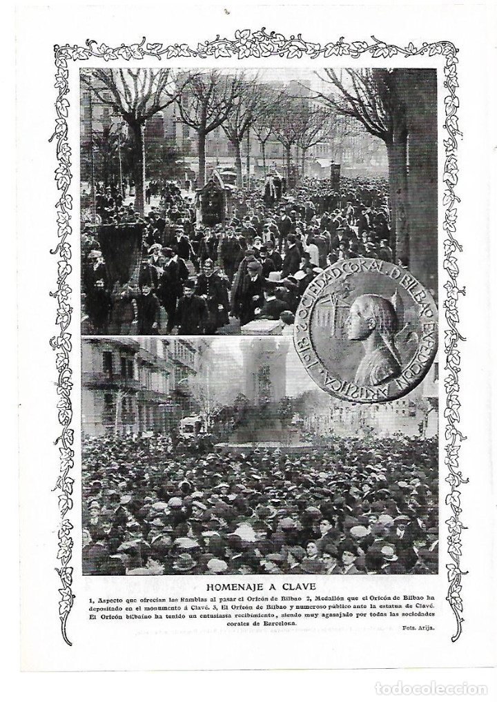 Colecionismo: A&Ntilde;O 1913 RECORTE PRENSA BARCELONA HOMENAJE A CLAVE ORFEON DE BILBAO