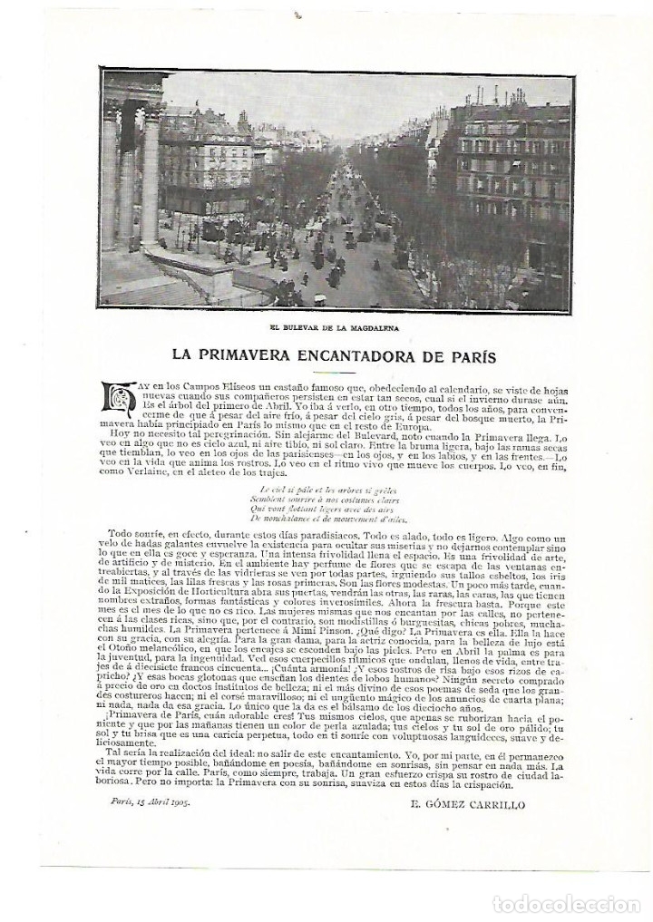 Collecting paper: A&Ntilde;O 1905 RECORTE PRENSA LA PRIMAVERA ENCANTADORA DE PARIS BULEVARD DE LA MAGDALENA GOMEZ CARRILLO