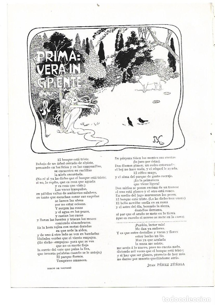 Colecionismo: A&Ntilde;O 1905 RECORTE PRENSA POESIA PRIMAVERA INCIPIENTE POR JUAN PEREZ ZU&Ntilde;IGA DIBUJO XAUDARO