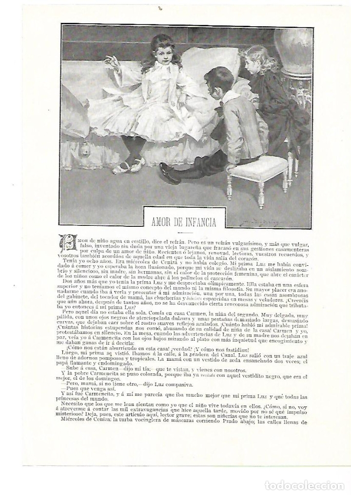 Colecionismo: A&Ntilde;O 1905 RECORTE PRENSA RELATO CORTO AMOR DE INFANCIA LUIS BELLO DIBUJO MENDEZ BRINGA CASTA&Ntilde;ERA