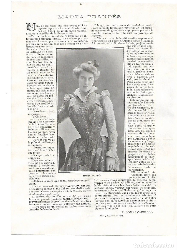 Collezionismo: A&Ntilde;O 1905 RECORTE PRENSA MARTA BRANDES ACTRIZ ARTISTA