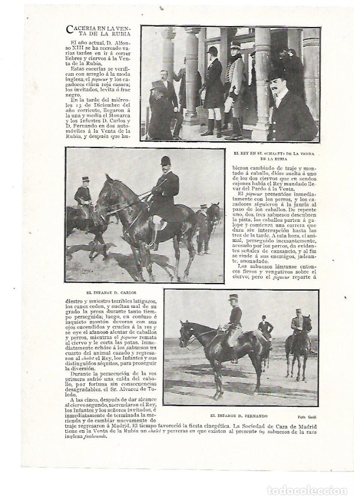 Colecionismo: A&Ntilde;O 1905 RECORTE PRENSA CAZA CACERIA REGIA EN LA VENTA DE LA RUBIA ALFONSO XIII