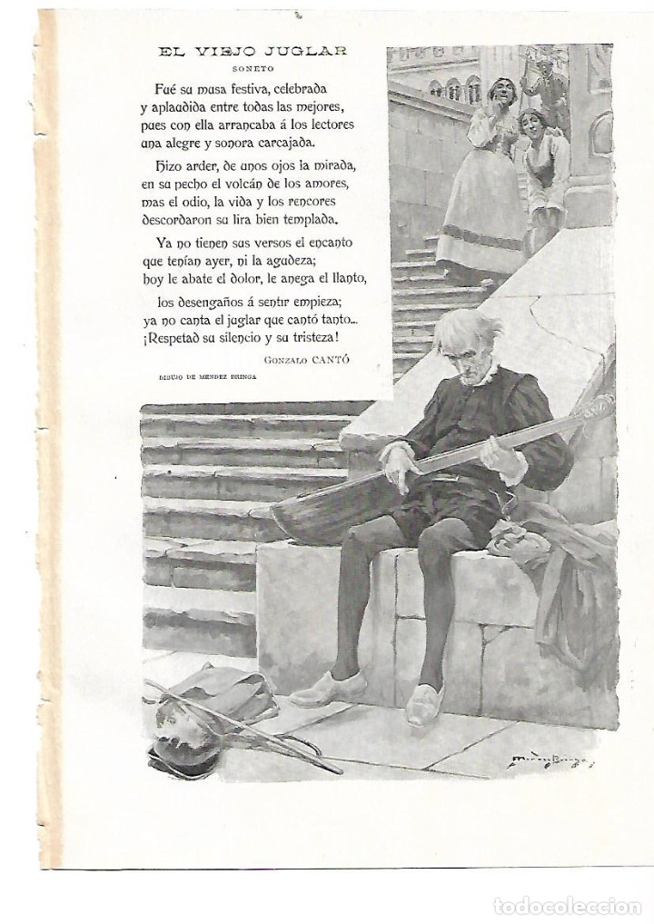 Collezionismo: A&Ntilde;O 1905 RECORTE PRENSA POESIA SONETO EL VIEJO JUGLAR POR GONZALO CANTO DIBUJO MENDEZ BRINGA