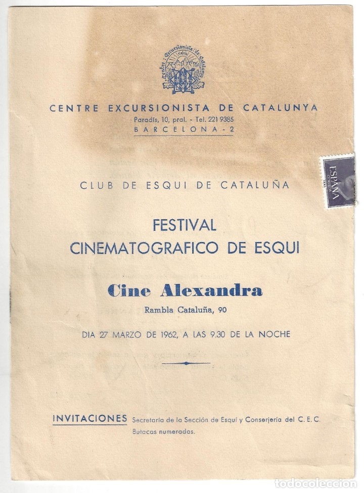Coleccionismo: PROGRAMA DEL FESTIVAL CINEMATOGR&Aacute;FICO DE ESQU&Iacute;. CINE ALEXANDRA. CENTRE EXCURSIONISTA CATALUNYA- 1962