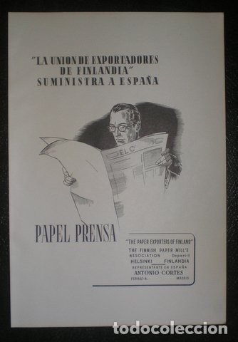 Colecionismo: PUBLICIDAD PAPEL PRENSA. Uni&oacute;n de exportadores de Finlandia. A&ntilde;os 40. 32'5x22'5