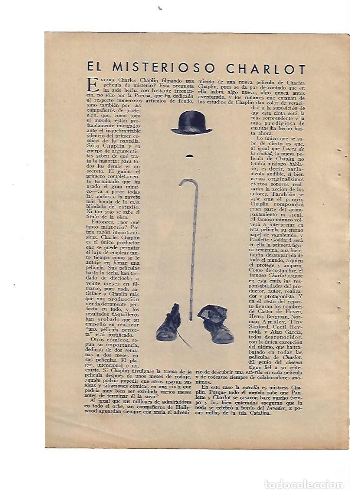 Coleccionismo: A&Ntilde;O 1935 RECORTE PRENSA CINE CHARLIE CHAPLIN EL MISTERIOSO CHARLOT PAULETTE GODDARD