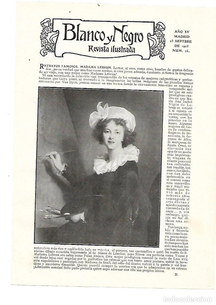 Collectionnisme: A&Ntilde;O 1905 RECORTE PRENSA PINTURA MADAME LEBRUN PINTORA FRANCESA ELISABETH VIGEE LE BRUN