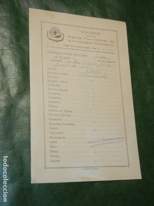 Coleccionismo: HOJA CALIFICACIONES COLEGIO MADRES FRANCISCANAS INMACULADA CONCEPCI&Oacute;N - PLAZA UNIVERSIDAD 2 - 1934