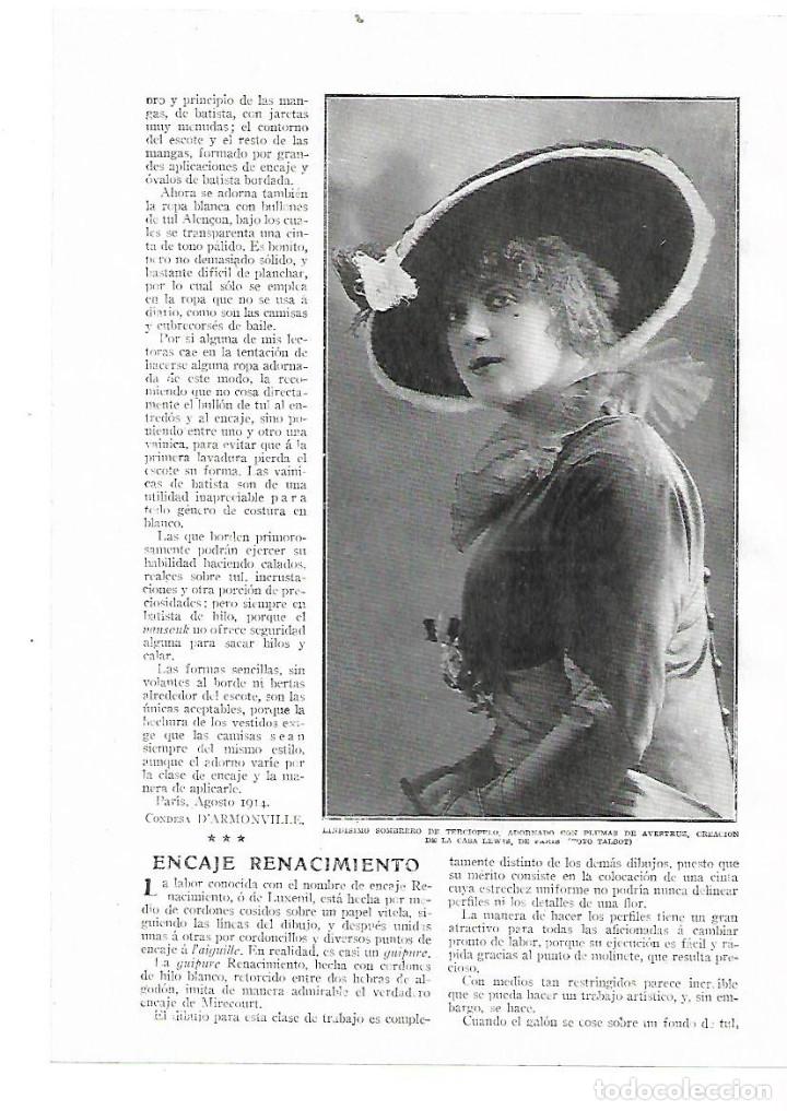 Collectionnisme: A&Ntilde;O 1914 RECORTE PRENSA MODA MUJER SOMBRERO PLUMAS AVESTRUZ CREACION CASA LEWIS DE PARIS