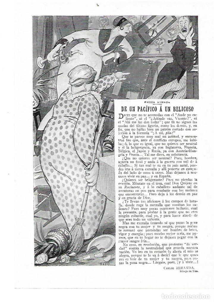 Collectionnisme: A&Ntilde;O 1914 RECORTE PRENSA RELATO PROSA RIMADA DE UN PACIFICO A UN BELICOSO CARLOS MIRANDA DIBUJO TITO