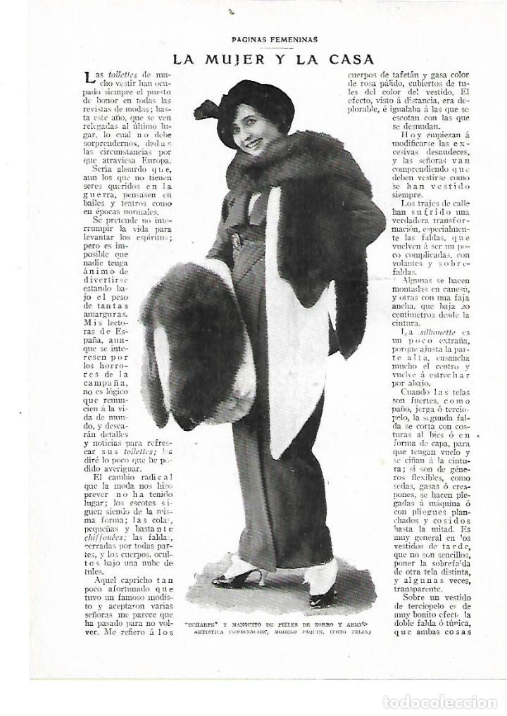 Collectionnisme: A&Ntilde;O 1914 RECORTE PRENSA MODA MUJER ABRIGO PIEL ECHARPE MANGUITO MODELO PAQUIN