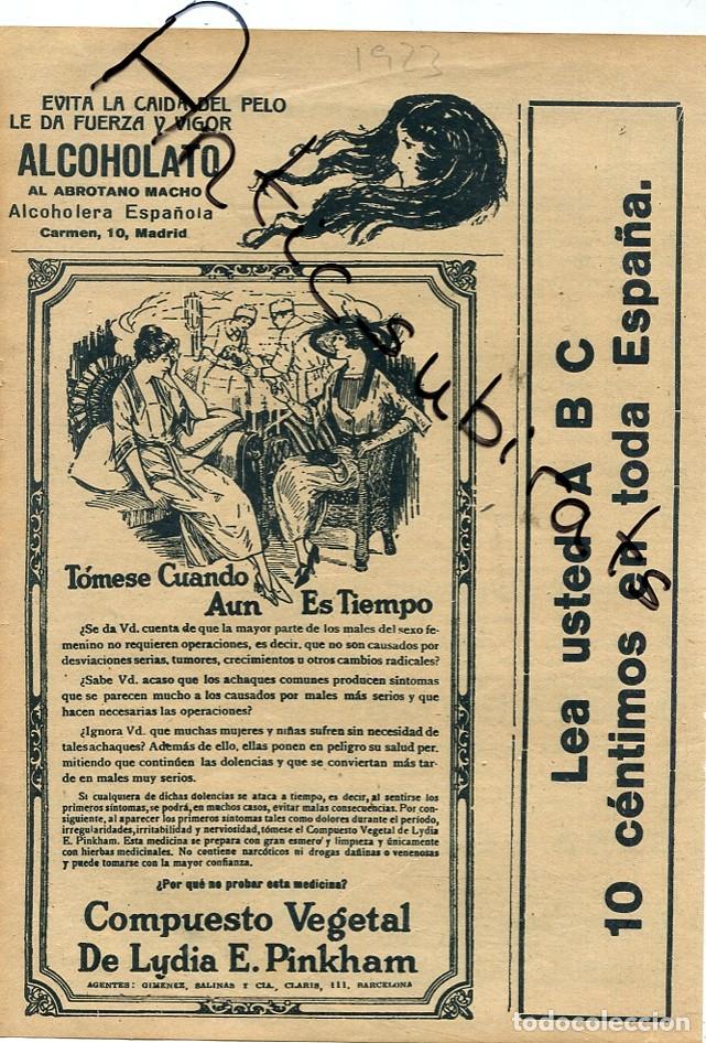 Coleccionismo: ANUNCIO PUBLICIDAD HOJA SUELTA A&Ntilde;O 1923 LYDIA E. PINKHAM LABORATORIO FARMACIA GIMENEZ-SALINAS