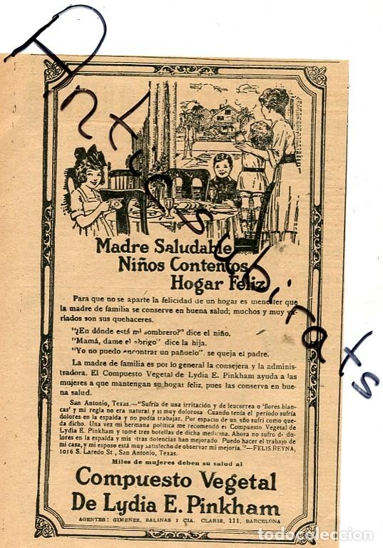 Coleccionismo: ANUNCIO PUBLICIDAD HOJA SUELTA A&Ntilde;O 1922 LYDIA E. PINKHAM LABORATORIO FARMACIA GIMENEZ-SALINAS