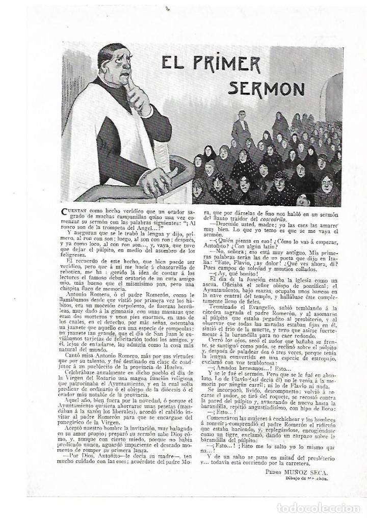 Collectionnisme: A&Ntilde;O 1914 RECORTE PRENSA RELATO CORTO EL PRIMER SERMON PEDRO MU&Ntilde;OZ SECA DIBUJO MANCHON