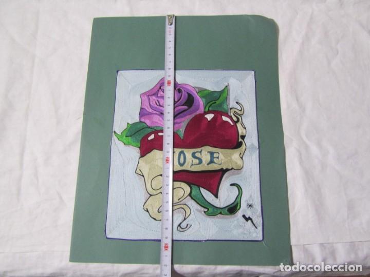 Coleccionismo: Parche de hilo sobre papel coraz&oacute;n con rosa Jos&eacute; - Foto 3