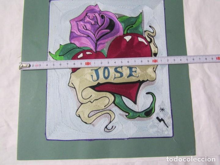 Coleccionismo: Parche de hilo sobre papel coraz&oacute;n con rosa Jos&eacute; - Foto 4