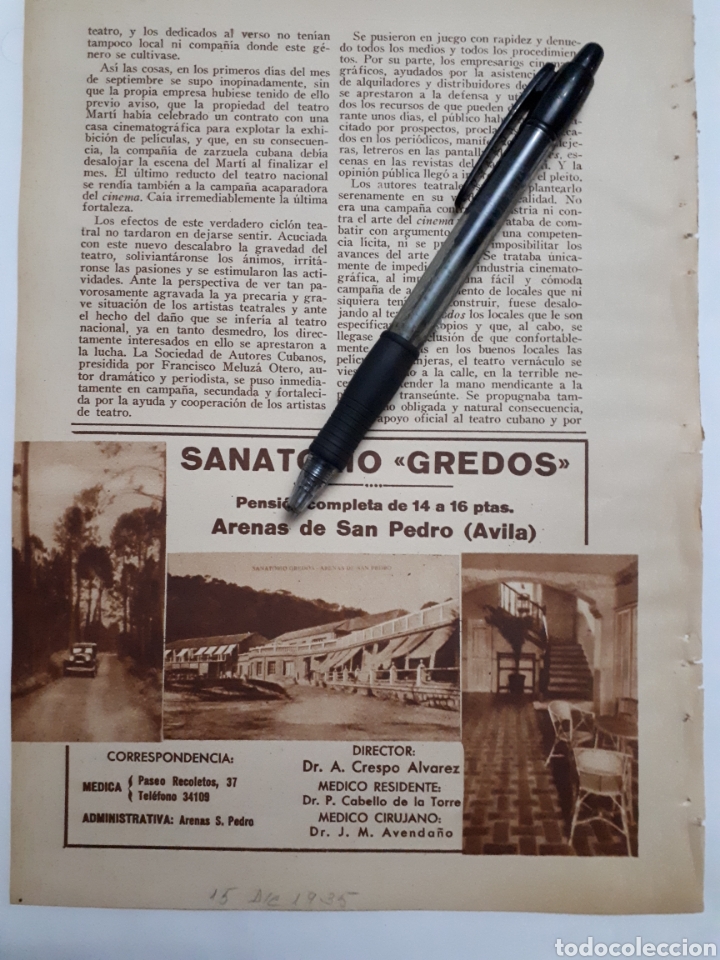 Coleccionismo: ARENAS DE SAN PEDRO (Avila) Hoja de BLANCO Y NEGRO con publicidad del SANATORIO GREDOS. 1935