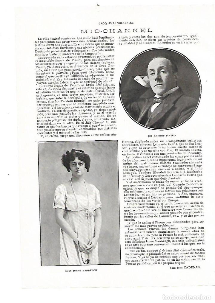 Collezionismo: A&Ntilde;O 1909 RECORTE PRENSA TEATRO DRAMA MID CHANNEL ARTHUR WING PINERO IRENE VANBRUGH