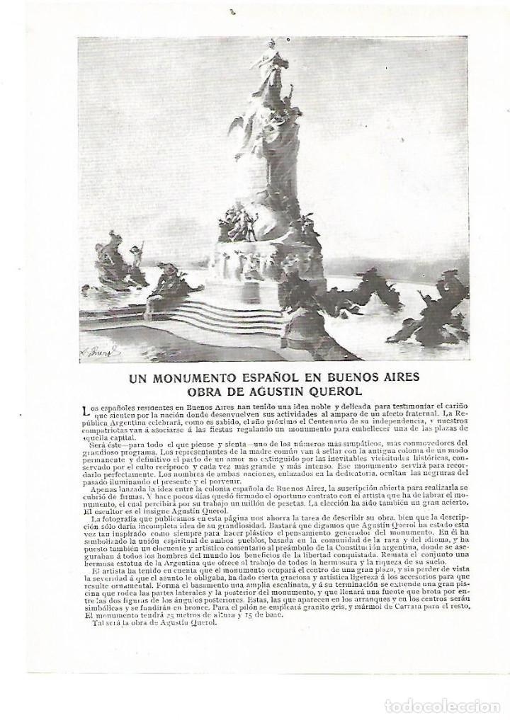 Sammelleidenschaft Papier: A&Ntilde;O 1909 RECORTE PRENSA ESCULTURA MONUMENTO ESPA&Ntilde;OL EN BUENOS AIRES AGUSTIN QUEROL