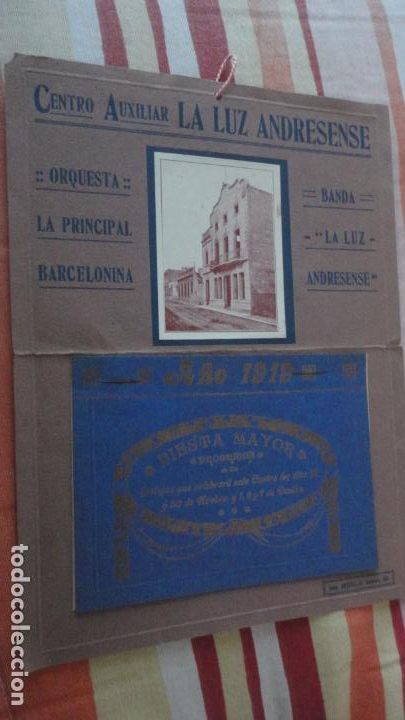 Coleccionismo: PROGRAMA.CENTRO LUZ ANDRESENSE.FIESTA MAYOR.ORQUESTA PRINCIPAL BARCELONINA.1919 SAN ANDRES PALOMAR?
