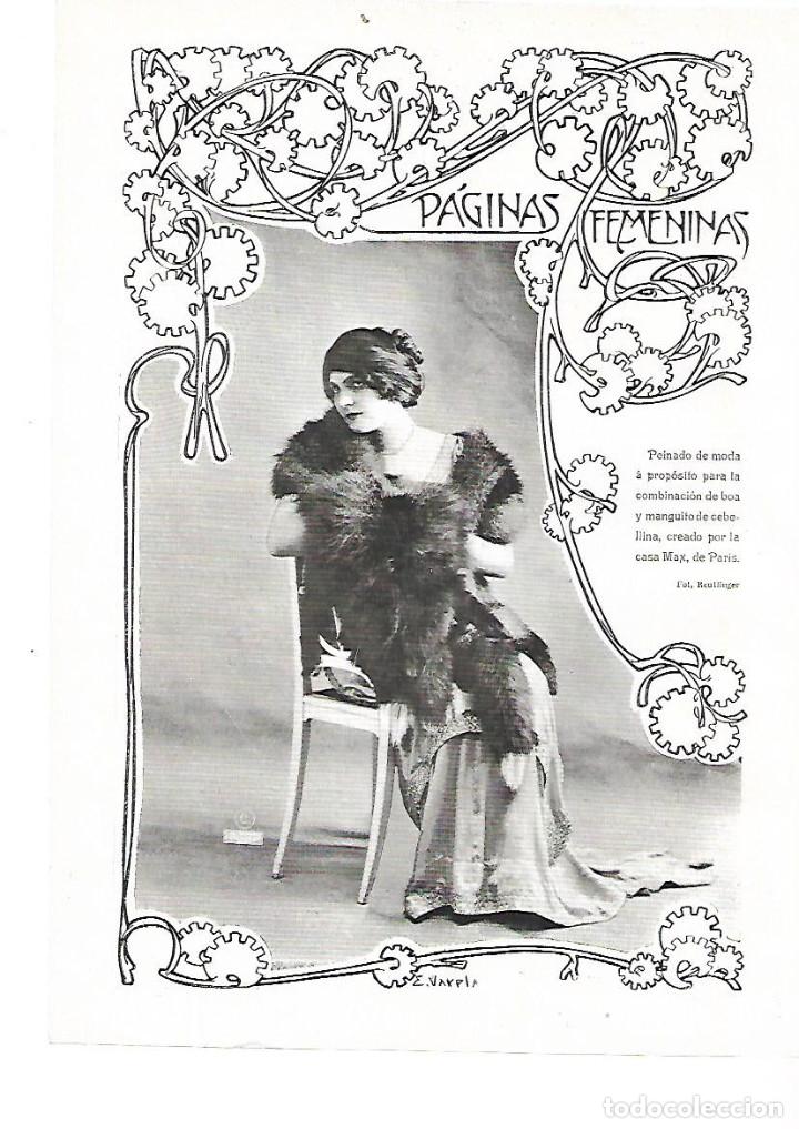 Collecting paper: A&Ntilde;O 1909 RECORTE PRENSA MODA MUJER PEINADO BOA MANGUITO CREACION CASA MAX PARIS DIBUJO VARELA