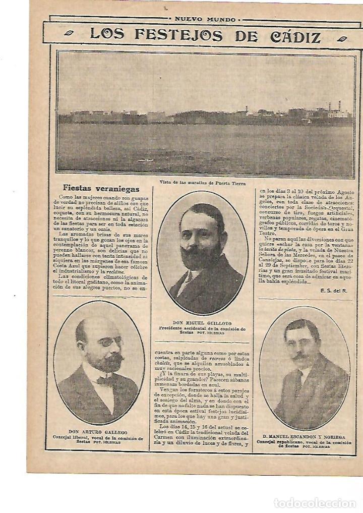 Coleccionismo: A&Ntilde;O 1913 RECORTE PRENSA FESTEJOS DE CADIZ FIESTAS VERANIEGAS MIGUEL GUILLOTO ARTURO GALLEGO ESCANDON