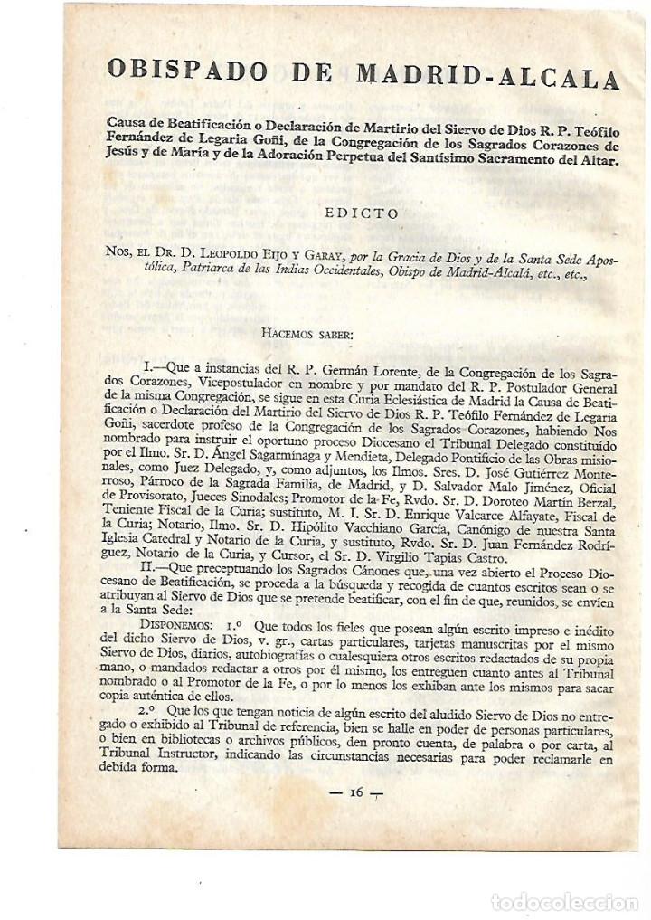 Colecionismo: A&Ntilde;O 1951  EDICTO OBISPADO DE MADRID ALCALA BEATIFICACION MARTIR TEOFILO FERNANDEZ DE LEGARIA GO&Ntilde;I