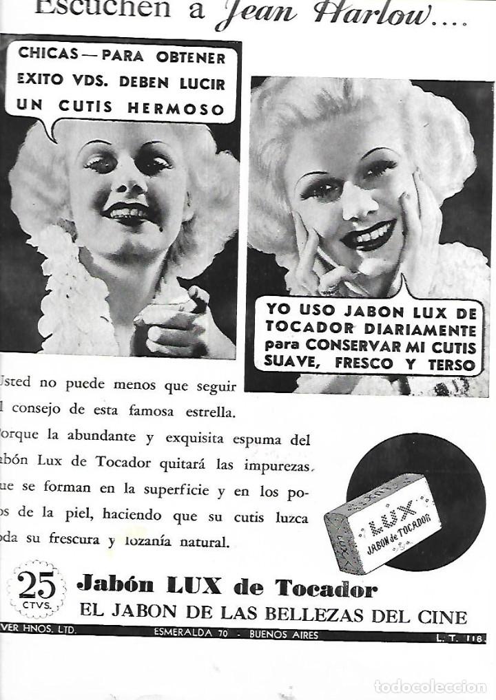 Coleccionismo: A&Ntilde;O 1935 RECORTE PRENSA PUBLICIDAD JEAN HARLOW PUBLICITANDO PASTILLA DE JABON TOCADOR LUX
