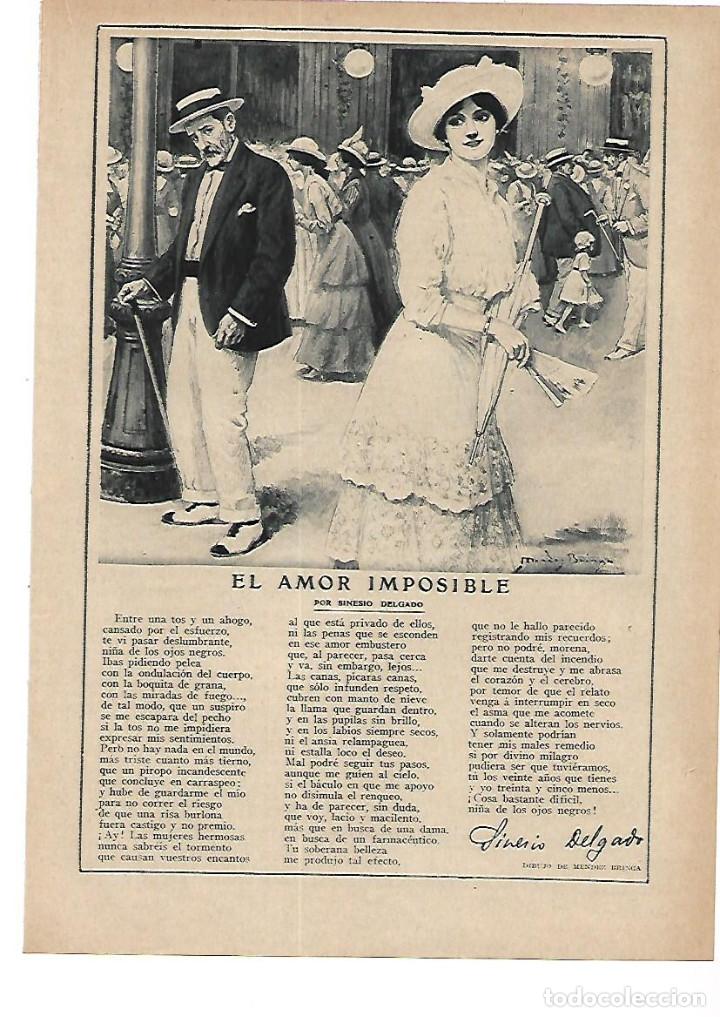 Colecionismo: A&Ntilde;O 1915 RECORTE PRENSA POESIA EL AMOR IMPOSIBLE POR SINESIO DELGADO DIBUJO MENDEZ BRINGA