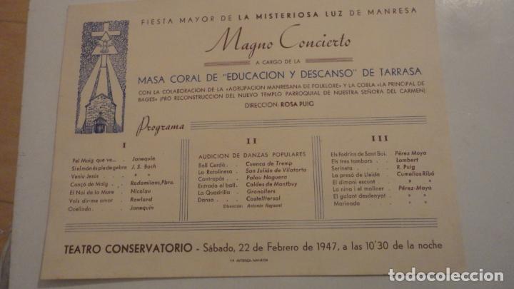 Coleccionismo: PROGRAMA.FIESTA MAYOR.MISTERIOSA LUZ.MANRESA 1947.MASA CORAL DE TARRASA.ROSA PUIG
