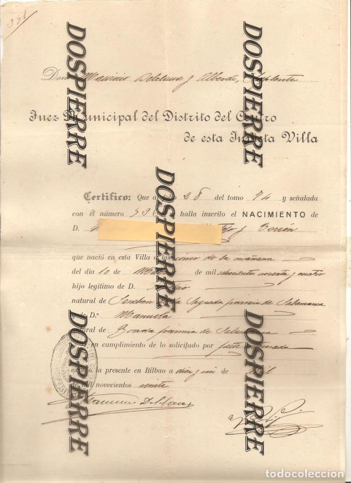 Coleccionismo: CERTIFICADO DE NACIMIENTO, , BILBAO 1920 - Foto 1