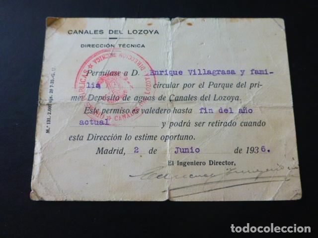 Coleccionismo: MADRID CANAL DE LOZOYA PERMISO DE CIRCULACION 1936 TARJETA