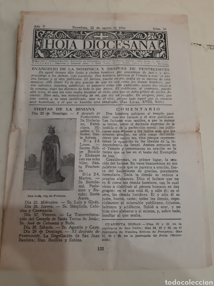 Coleccionismo: 1943 Hoja diocesana parroquia pur&iacute;sima Concepci&oacute;n y Asunci&oacute;n Barcelona