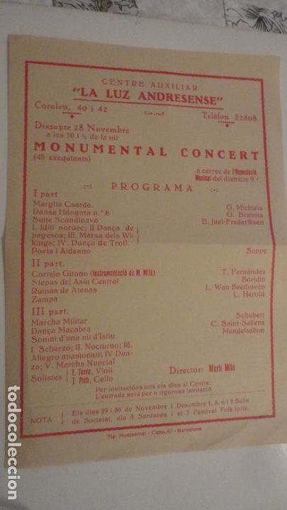 Coleccionismo: PROGRAMA.LUZ ANDRESENSE.CONCIERTO.MARTI MILA.E.FARRE VIOLIN.J.PICH.CHELO.SAN ANDRES.BARCELONA