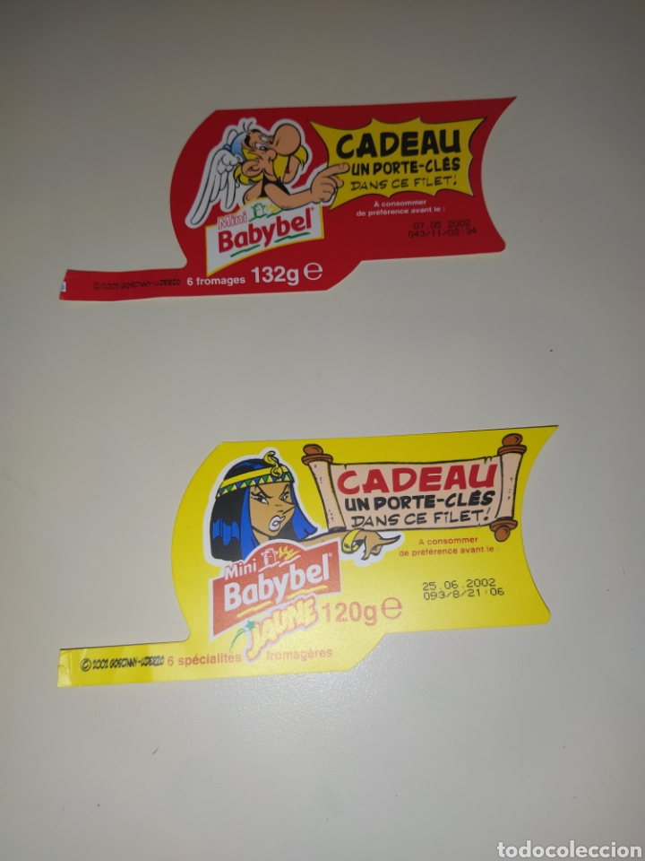 Coleccionismo: Etiquetas originales de colecci&oacute;n de llaveros de Asterix y Obelix quesitos babybel