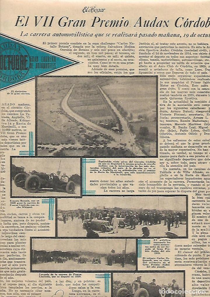 Colecionismo: A&Ntilde;O 1930 RECORTE PRENSA AUTOVOMILISMO CARRERA VII GRAN PREMIO AUDAX CORDOBA ARGENTINA COCHE CARRERAS