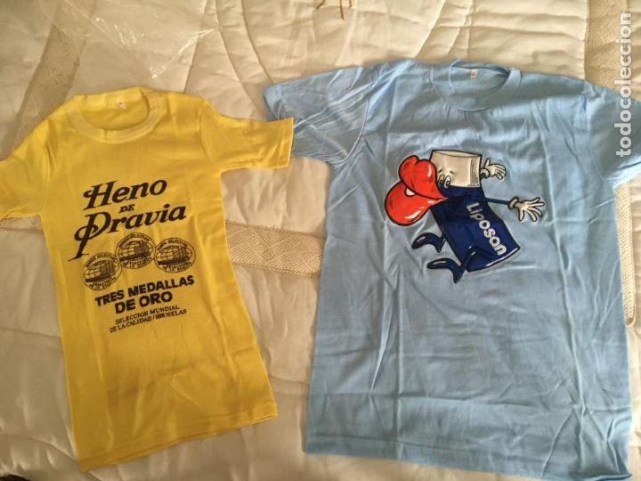 Coleccionismo: Dos camisetas antiguas publicitarias, jab&oacute;n Heno de Pravia y cacao Liposan.