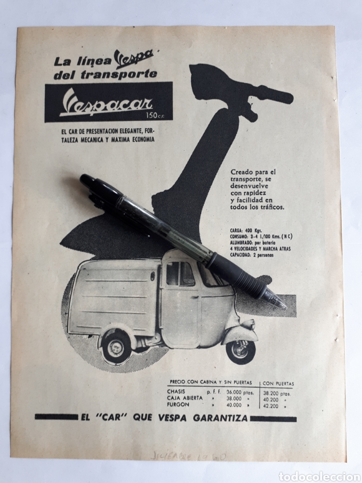 Coleccionismo: VESPA. La l&iacute;nea del transporte. Hoja con publicidad. 1960