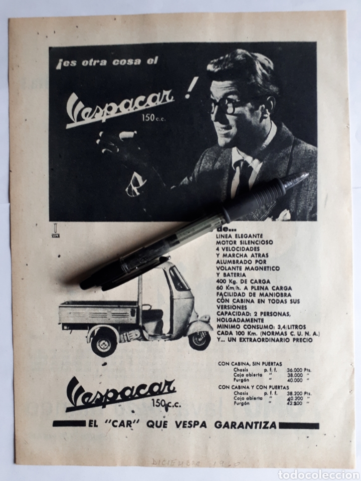 Coleccionismo: VESPACAR. El 《car》 que vespa garantiza. Hoja con publicidad. 1960