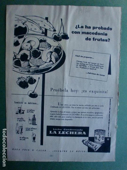 Coleccionismo: LECHE CONDENSADA LA LECHERA DE NESTL&Eacute; CON MACEDONIA DE FRUTAS 8/9/1956